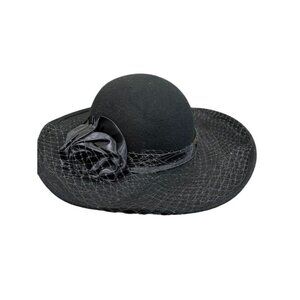 Vintage Michael Howard 100% Wool Black Hat With Satin Rose‎ & Veil Detail Small